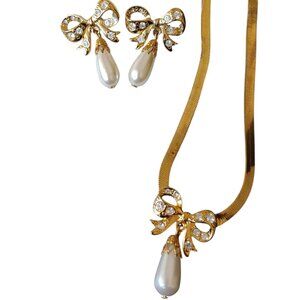 Necklace and Matching Earring Set with Bows and Rhinestones Prom Wedding